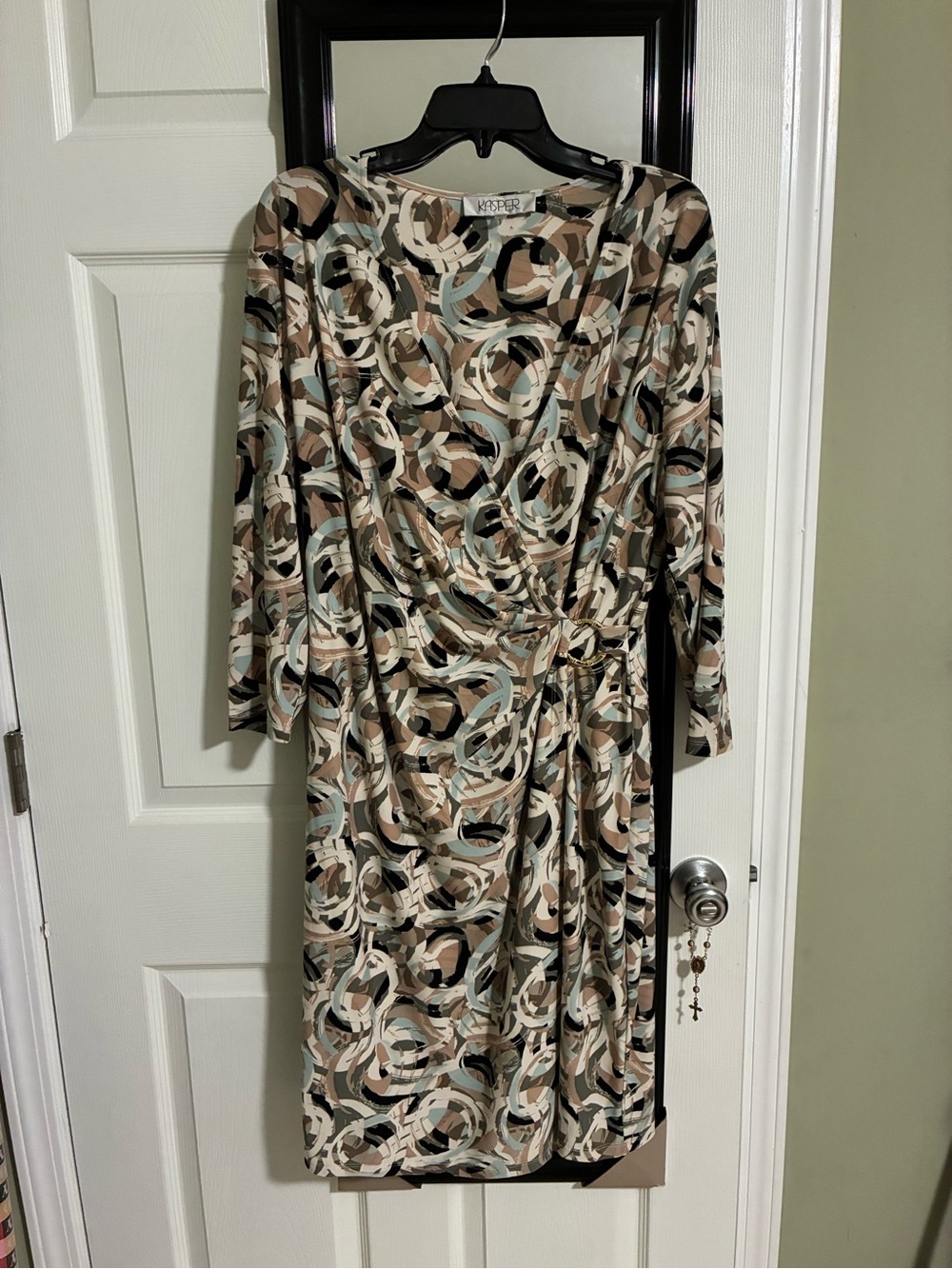 Kasper Taupe and Black Abstract Wrap-Effect Midi Dress